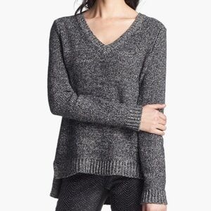 Rag & Bone Jackie Wool Blend V-Neck Sweater Marled Knit Black White Size Large